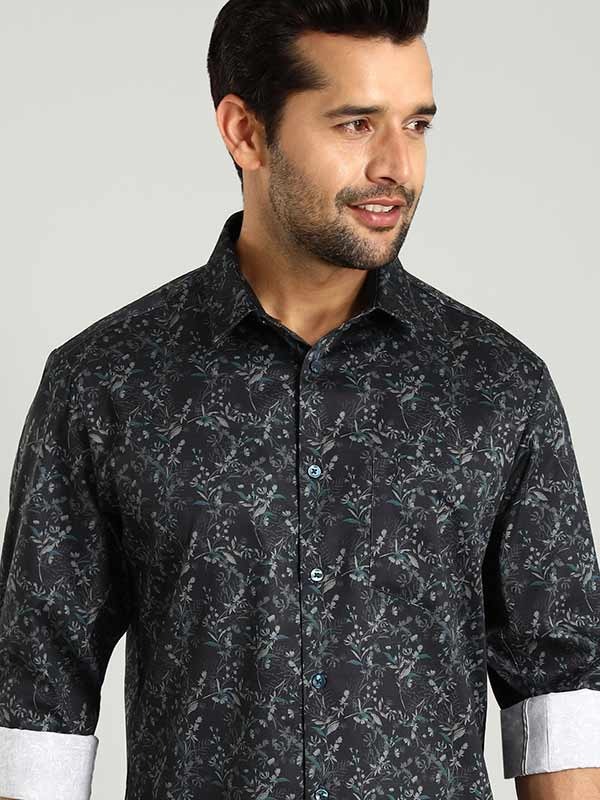 Indian Terrain Men's Regular Fit Full Sleeve Floral Print Navy Shirt